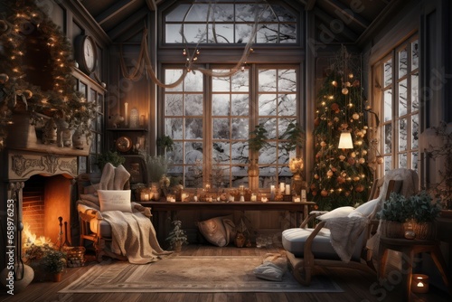 New Year's festive interior of a majestic palace, house, room. Festive Christmas interior with garlands and Christmas tree, Evening holiday lights.