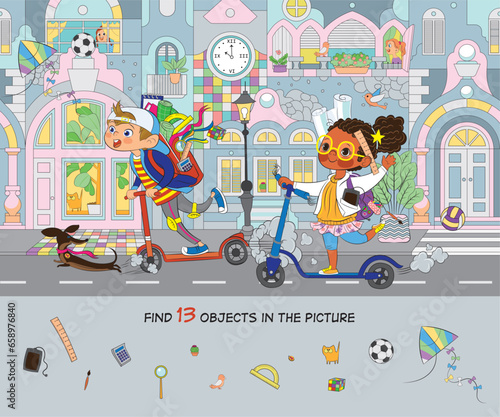 Find 13 objects in the picture. Hidden Object Puzzle. Carefree children ride scooters to school. Vector illustration. Funny cartoon character.