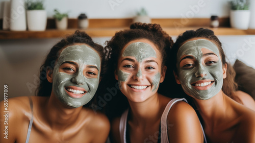 A group of Gen Z friends enjoying a relaxing day at a spa, getting massages and facials, Gen Z friends, with copy space
