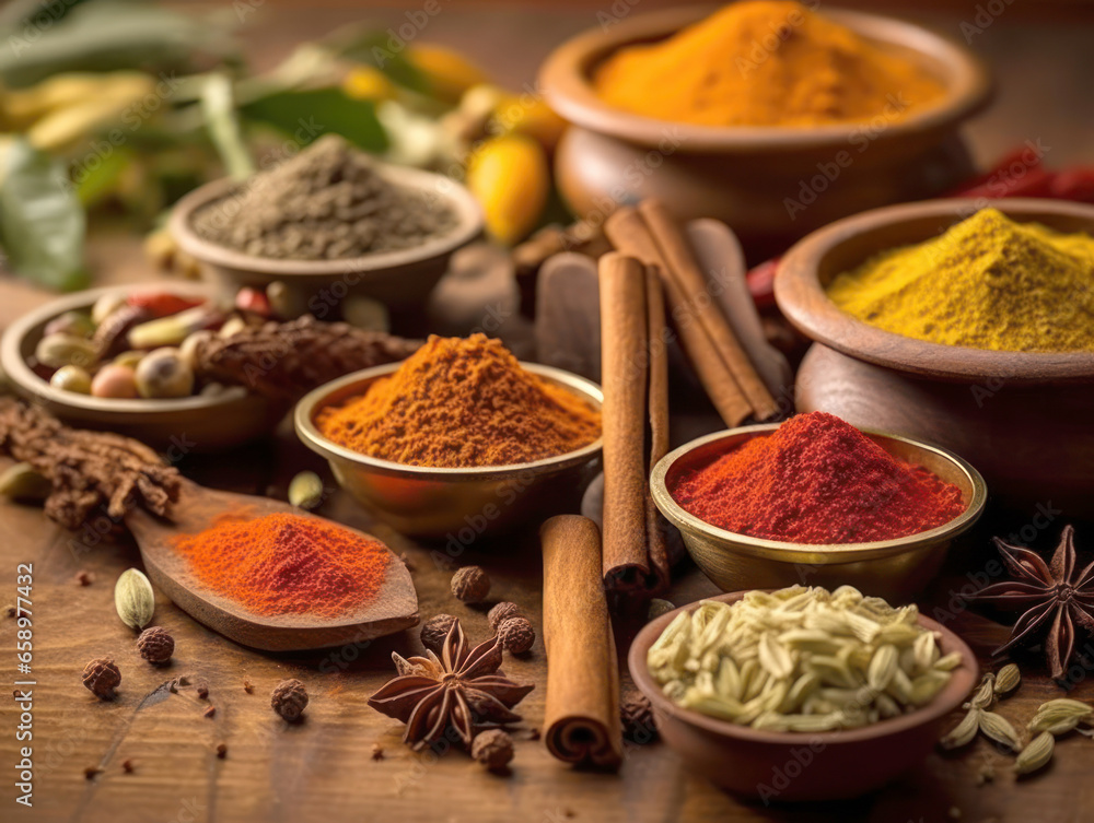 spices and dried herbs on wooden table
