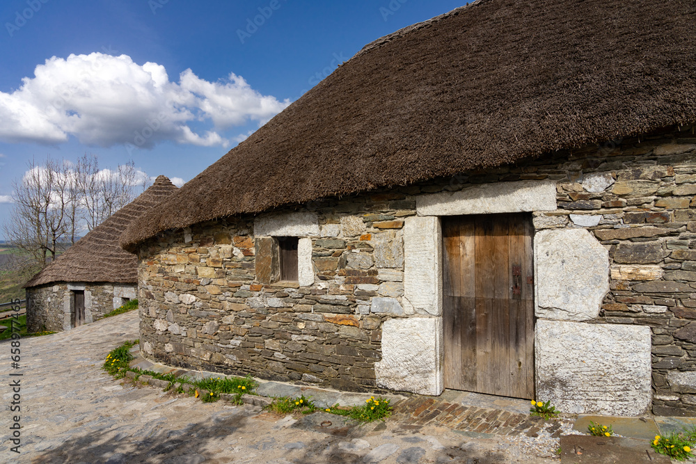 Traditional houses called pallozas with their thatched roofs in the beautiful village of O Cebreiro, which is a crossing point on the way of Santiago, Lugo.Spain