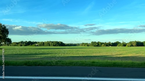 Beautiful view of flat field with some trees and forest in horizon from fast moving car passenger side window, driving plate.