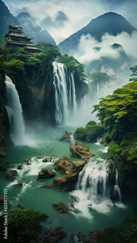 The natural landscape of the waterfall under AI Karst