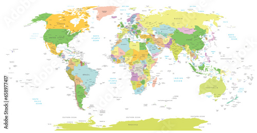 Fototapeta Naklejka Na Ścianę i Meble -  High Detail World map.All elements are separated in editable layers clearly labeled. Vector