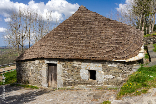 Traditional houses called pallozas with their thatched roofs in the beautiful village of O Cebreiro, which is a crossing point on the way of Santiago, Lugo.Spain