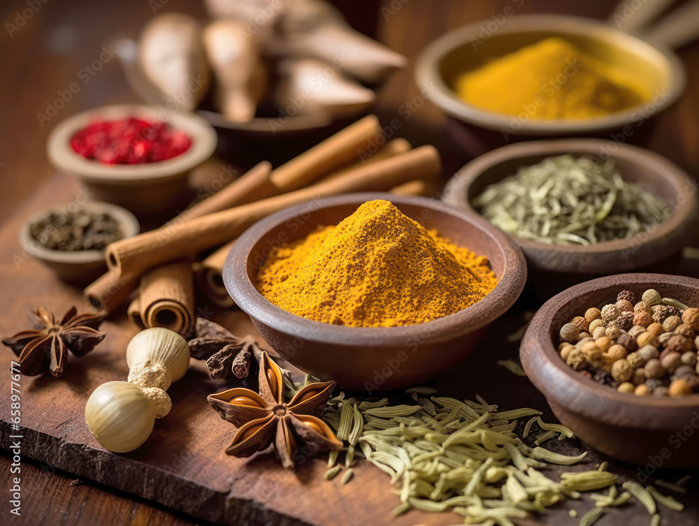 spices and dried herbs on wooden table spices and dried herbs on wooden table