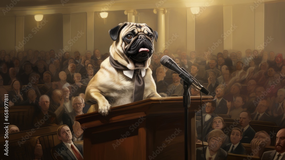 Pug dog politician congressional hearing illustration - obrazy, fototapety, plakaty 
