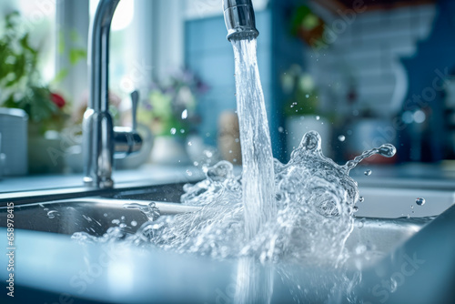 Close up of from water tab water comes out vigorously to splashes with full water of modern kitchen sink. Environmental concept of savings and savings. photo