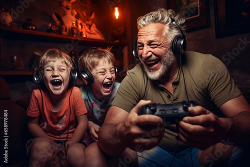 Joyful grandfather and kids play video game together. AI generated