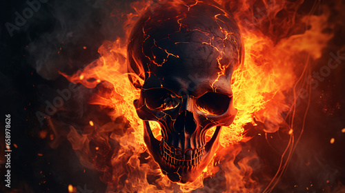 Black skull in fire flame