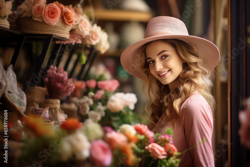 Young flirty blonde woman in a hat makes purchases in a flower shop © Anzhela