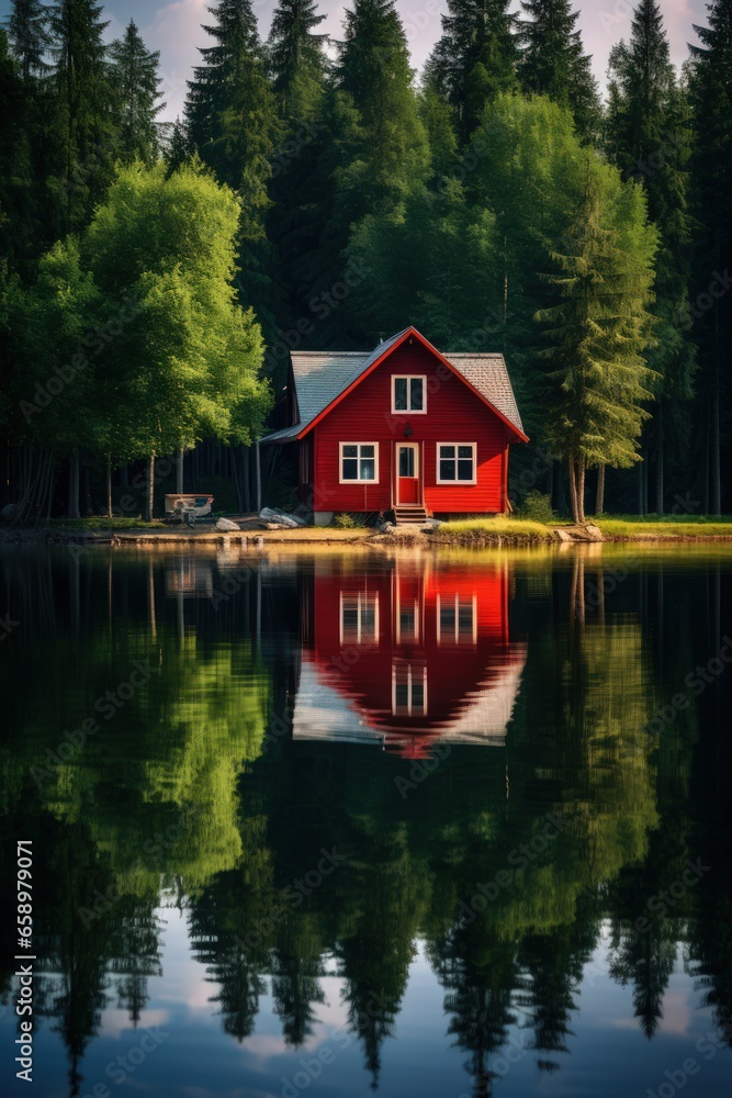 Obraz premium A small wooden house in a coniferous forest on the shore of a lake. A place for privacy and escape from the bustle of the city. House in a national park on the shore of a picturesque lake.