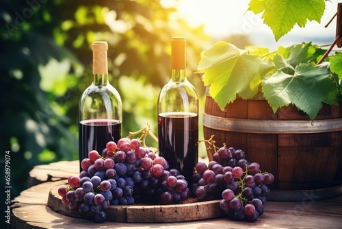 Exquisite taste wine for your romantic evening. Sunset over the vineyard. Ripe red grapes. Two bottles of red wine stands on a wooden barrel.