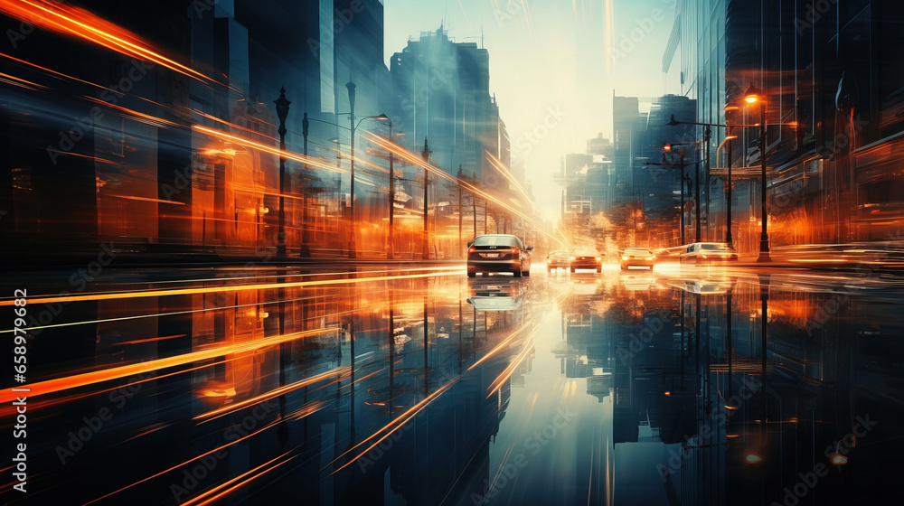 **silhouettes of cars on a street , in the style of blurred forms, mirror rooms, abstraction-création, long exposure, cornelis springer, human-canvas integration, street scenes
