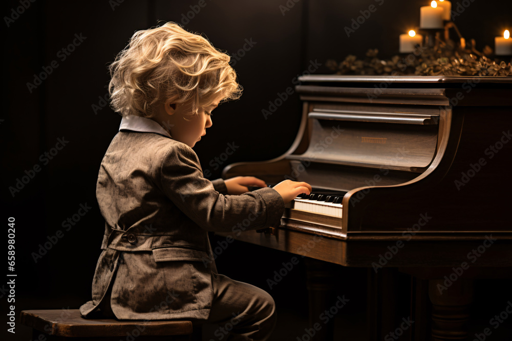 A cute kid boy pianist is sitting on the stool show playing piano on stage. A child in a black suit is playing the piano on stage. Spotlight shines black background. classical music. - obrazy, fototapety, plakaty 