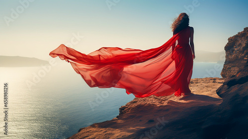 Woman in red dress standing on a cliff by the sea. Sense of freedom. The wind blows in the long veil. Creativity portrait photography. Travel and fashion concept. AI generative.