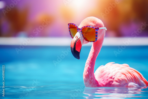 Pink flamingo in sunglasses in tropical paradise. Blurred pool background. Travel, holiday and relaxation concept. AI generative illustration.