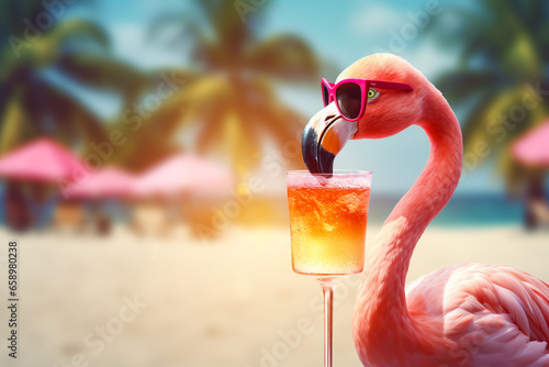 Pink flamingo in sunglasses drinking cocktail in paradise. Blurred tropical beach background. Travel, holiday and relaxation concept. AI generative illustration.