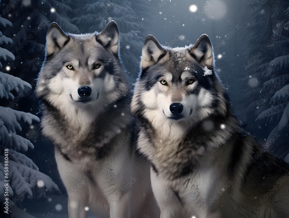 A pair of grey wolves in an elegant stance, surrounded by snowflakes. Winter wildlife photo A pair of grey wolves in an elegant stance, surrounded by snowflakes. Winter wildlife photo
