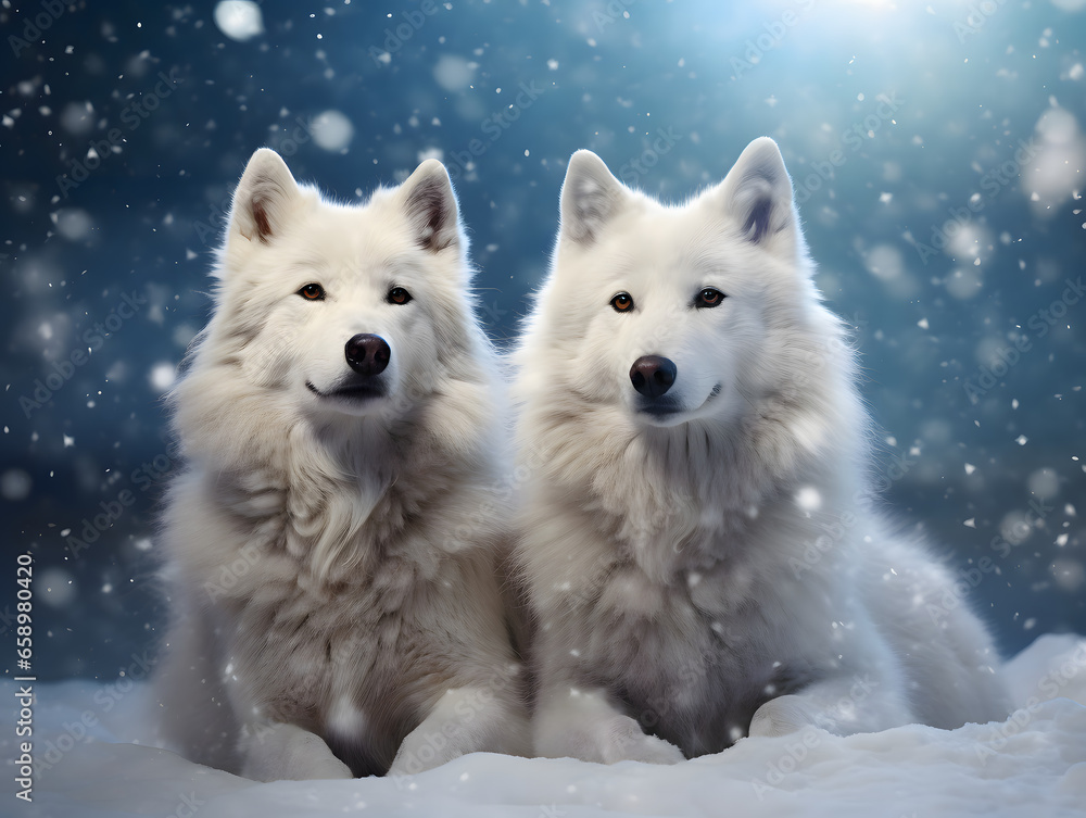 A pair of Arctic wolves in an elegant pose surrounded by blurry snowflakes. Snowfall on a blue background. Wildlife photo