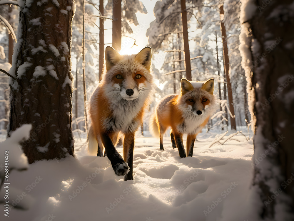 Naklejka premium A pair of foxes hunting in a vast snowy forest, against the background of dawn. Wild life photo