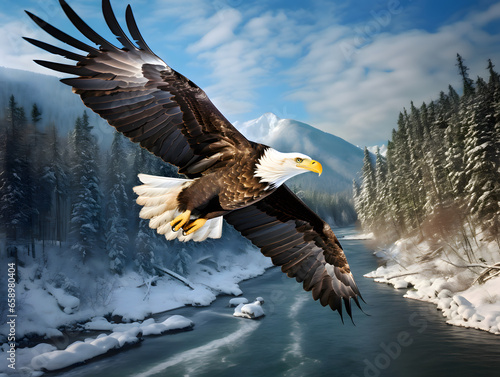 A majestic bald eagle soaring above a winter river. Wildlife winter photo