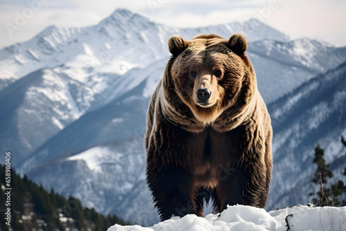 A majestic grizzly bear emerging from hibernation in a snowy mountain range. Wildlife photo