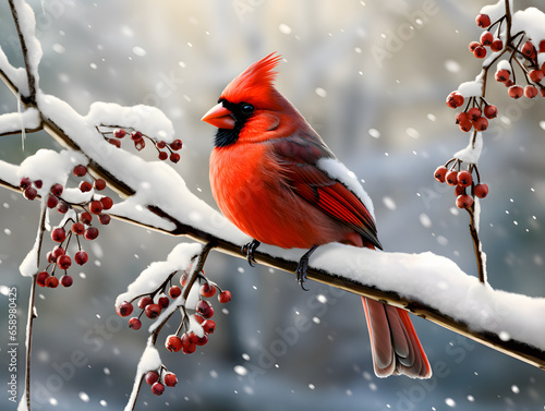 A red cardinal sits on a snow-covered tree branch. Against a backdrop of winter snowfall. 