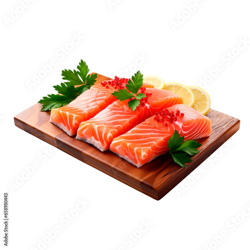 Red fish sliced on a wooden board. Isolated on transparent background.