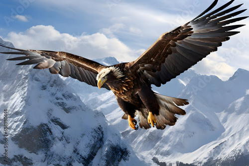A regal golden eagle soaring against a backdrop of snow-capped mountains. Wildlife photography