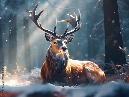 A noble deer resting in a winter forest during a snowfall. Rays of light in the background. Wonderful illustration