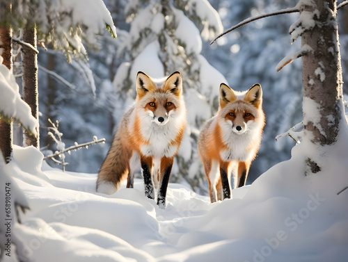A pair of foxes walking through a snowy winter forest. Wildlife photo © dreamdes