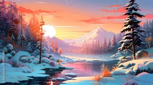 A vibrant digital illustration capturing the beauty of a winter landscape. Detailed painting