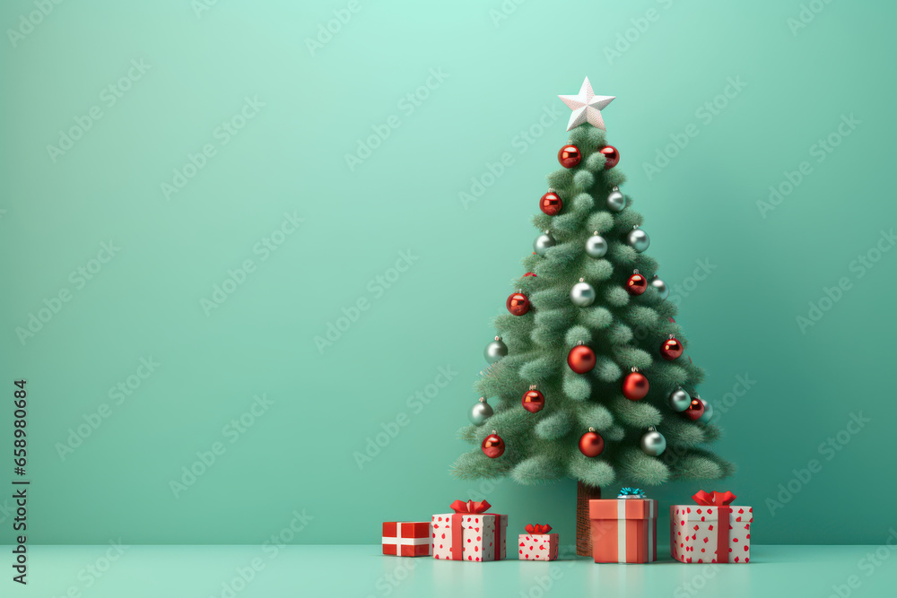 Christmas tree with gift boxes in the green or tiffany blue background with empty space. Christmas tree with gift boxes in the green or tiffany blue background with empty space.