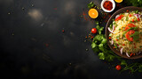 Fresh salad with rice and vegetable on dark background