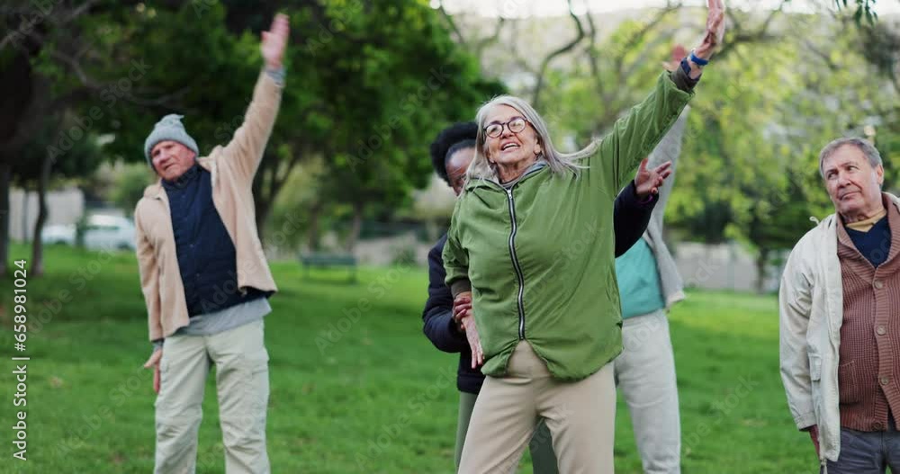 Vidéo Stock Yoga class, park and elderly people with instructor ...