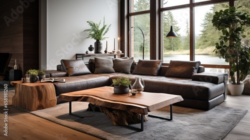 Live edge wooden coffee table near corner sofa. Interior design of modern living room in farmhouse © LaxmiOwl