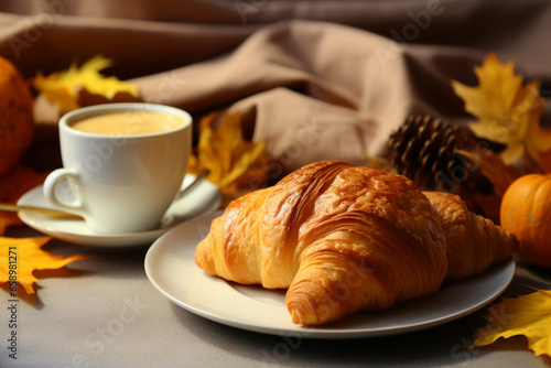 breakfast with croissant and coffee