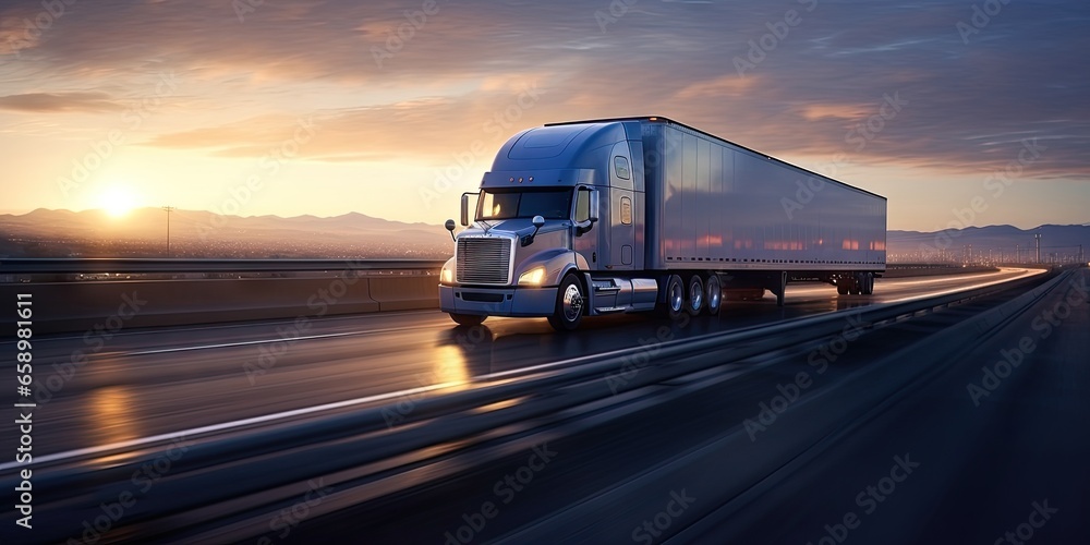 Speeding through sunset. Freight truck on highway. Cargo in motion. Journey into sunset. Highway logistics. Fast and heavy freight transportation