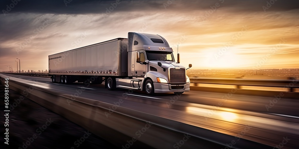 Speeding through sunset. Freight truck on highway. Cargo in motion. Journey into sunset. Highway logistics. Fast and heavy freight transportation