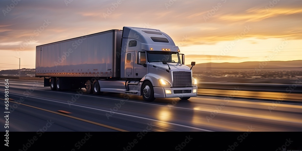 Speeding through sunset. Freight truck on highway. Cargo in motion. Journey into sunset. Highway logistics. Fast and heavy freight transportation