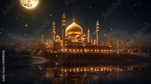 Realistic Golden Islamic Mosque with moon and lante