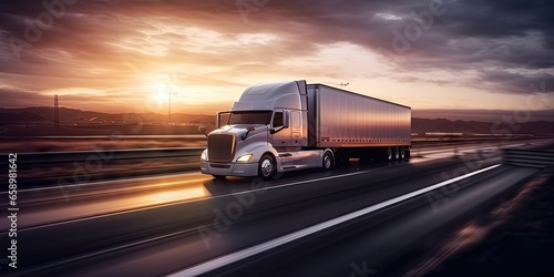 Speeding through sunset. Freight truck on highway. Cargo in motion. Journey into sunset. Highway logistics. Fast and heavy freight transportation