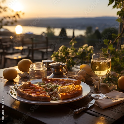 Quiche Lorrainein the background of a beautiful French landscape at sunset on the restaurant terrace