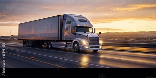 Speeding through sunset. Freight truck on highway. Cargo in motion. Journey into sunset. Highway logistics. Fast and heavy freight transportation