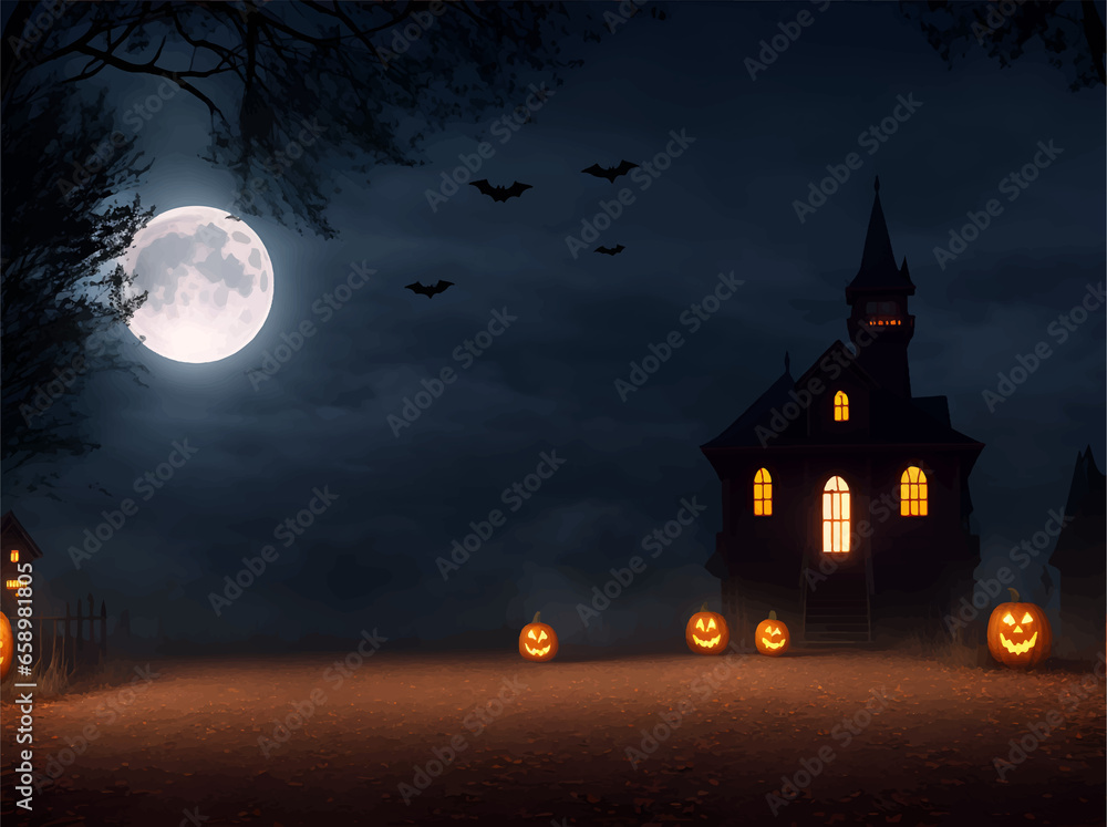 Halloween background with pumpkins and haunted house, Halloween background, Holiday event halloween banner background concept, pumpkins jack-o'-lantern