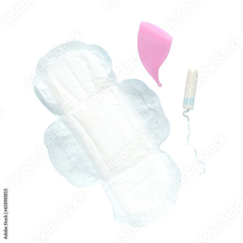 Feminine hygiene products - disposable pad, tampon and menstrual cup on a transparent background photo