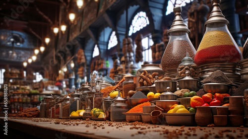 A grand bazaar, its stalls overflowing with colorful spices and fabrics