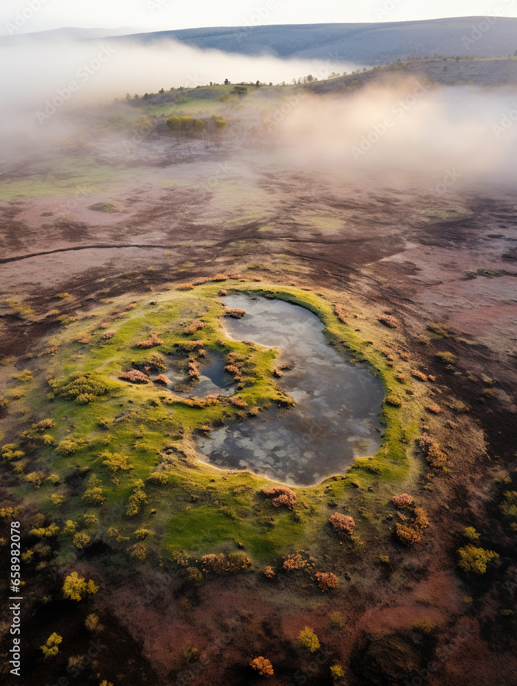 Bird's - eye view of a dormant volcanic crater filled with wildflowers in spring, ethereal morning mist