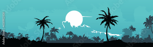 Silhouette of a realistic tropical landscape. Sunset landscape in the tropics. Vector illustration 2023
